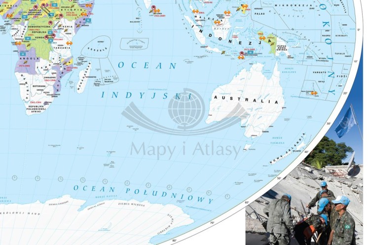 Świat 1:22 000 000. Rejony konfliktów we współczesnym świecie. Mapa ścienna. Drewniane półwałki. Fragment 2