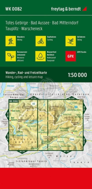 Bad Aussee, Totes Gebirge, Bad Mitterndorf, Tauplitz, Hallstatt. Wodoodporna mapa turystyczna WK 082 wydawnictwa Freytag & Berndt. Okładka tył