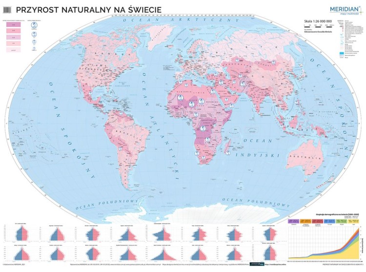 Świat. Przyrost naturalny. Mapa ścienna. Drewniane półwałki