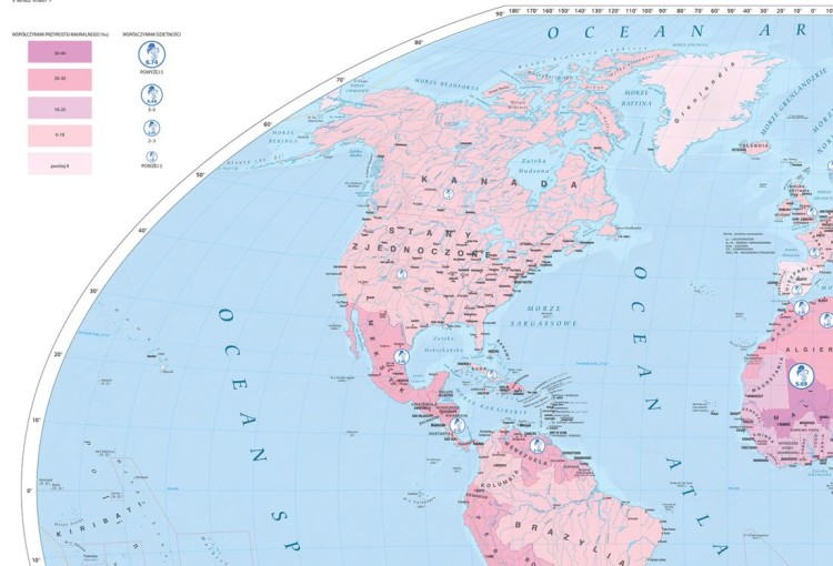 Świat. Przyrost naturalny. Mapa ścienna. Drewniane półwałki. Fragment 1