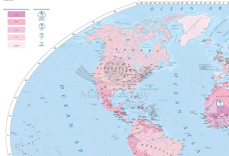 Świat. Przyrost naturalny. Mapa ścienna. Drewniane półwałki. Fragment 1