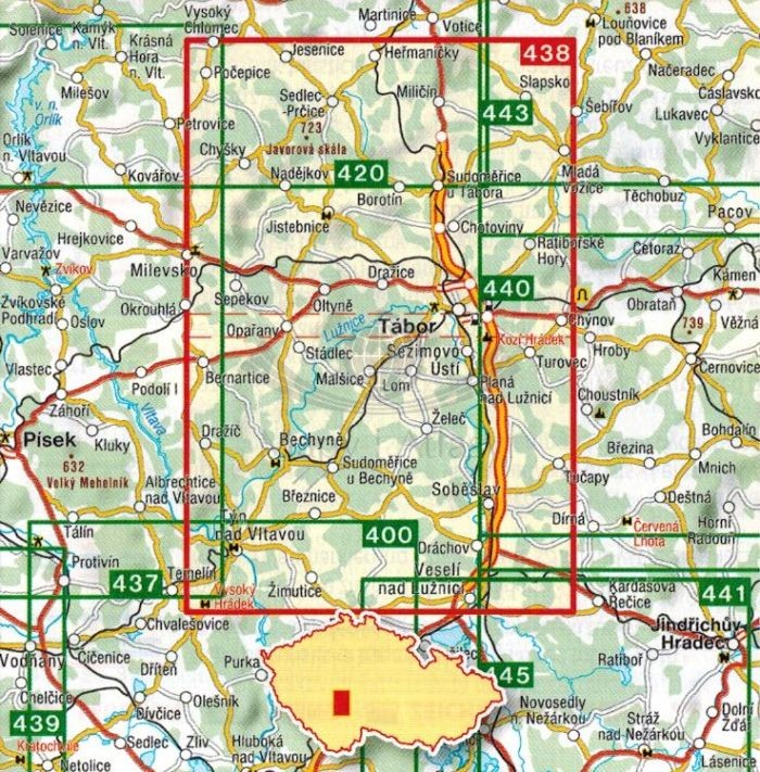 Tabor, Dolne Łużyce / Taborsko, Dolni Luznice. Mapa turystyczna 438 wydawnictwa Shocart. Zasięg