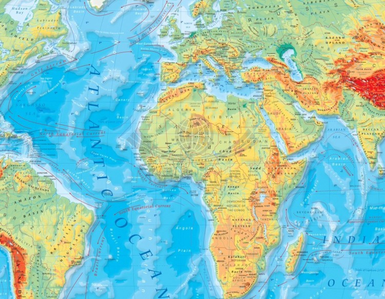 The World Physical / Świat 1:26 000 000. Mapa ścienna fizyczna z elementami ekologii. Język angielski. Drewniane półwałki. Fragment