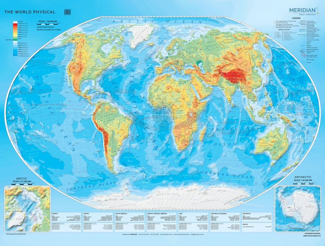 The World Physical / Świat 1:22 000 000. Mapa ścienna fizyczna z elementami ekologii. Język angielski. Drewniane półwałki
