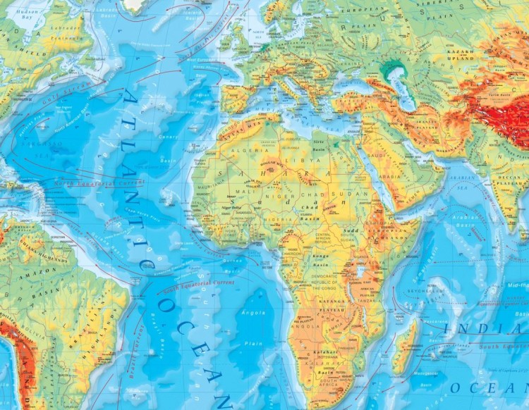 The World Physical / Świat 1:22 000 000. Mapa ścienna fizyczna z elementami ekologii. Język angielski. Drewniane półwałki. Fragment