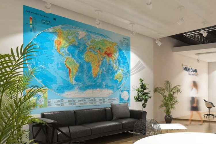 The World Physical / Świat. Mapa fizyczna z elementami ekologii. Język angielski. Fototapeta samoprzylepna