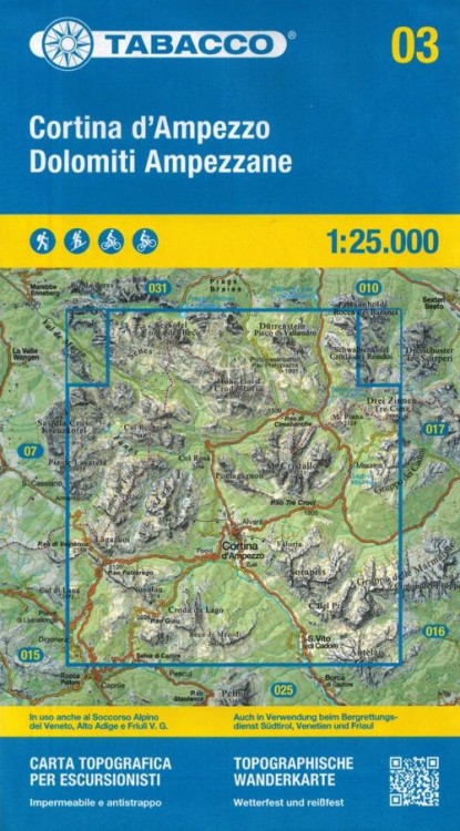 Cortina d'Ampezzo e Dolomiti Ampezzane. Wodoodporna mapa turystyczna 03 wydawnictwa Tabacco. Okładka