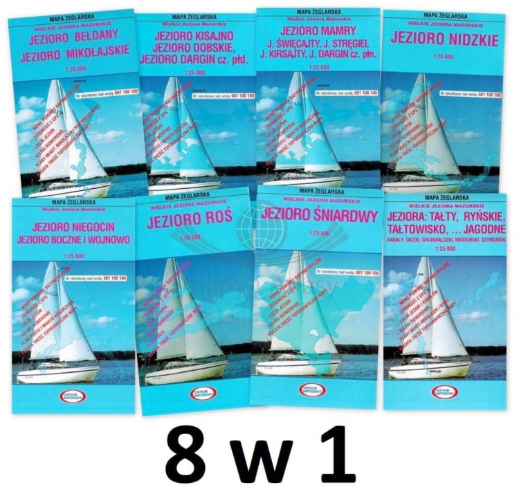 Wielkie Jeziora Mazurskie. Zestaw ośmiu laminowanych map żeglarskich