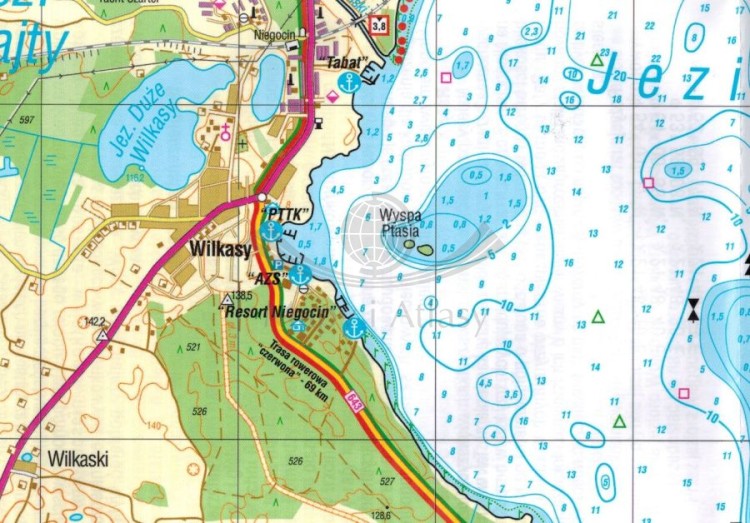 Wielkie Jeziora Mazurskie. Zestaw ośmiu laminowanych map żeglarskich. Przykładowy fragment 1