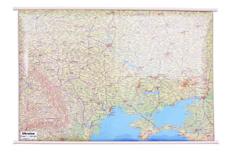 Ukraina 1:1 500 000. Mapa ścienna fizyczno-drogowa