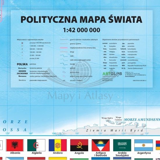 Świat 1:42 000 000. Mapa polityczna w ramie drewnianej. Legenda