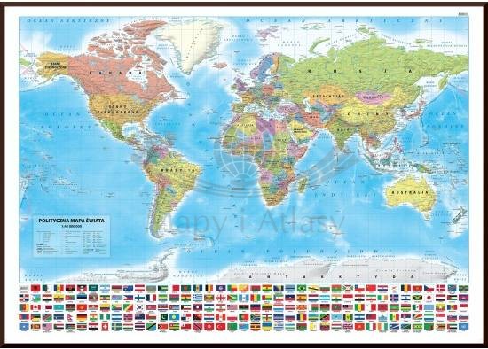 Świat 1:42 000 000. Mapa polityczna w ramie drewnianej