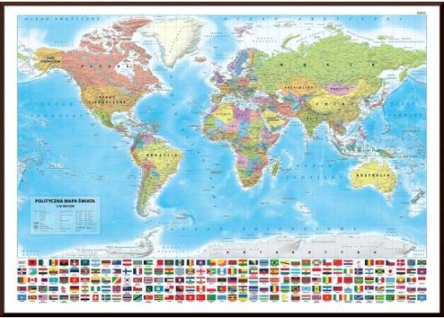 Świat 1:42 000 000. Mapa polityczna w ramie drewnianej