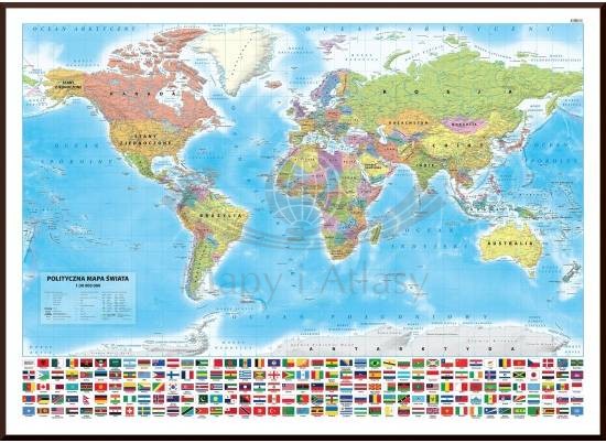 Świat 1:30 000 000. Mapa polityczna w ramie drewnianej
