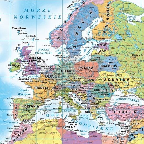 Świat 1:30 000 000. Mapa polityczna w wersji do wpinania. Fragment Europa