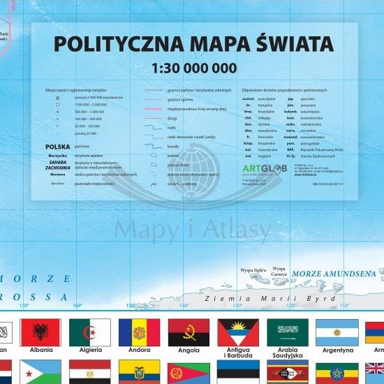 Świat 1:30 000 000. Mapa polityczna w ramie drewnianej. Legenda