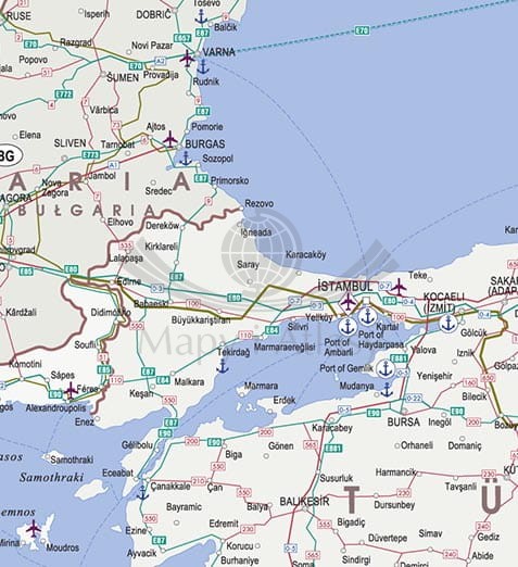 Europa 1:3 500 000. Mapa ścienna polityczno-drogowa z towarowymi korytarzami kolejowymi RFC. Fragment