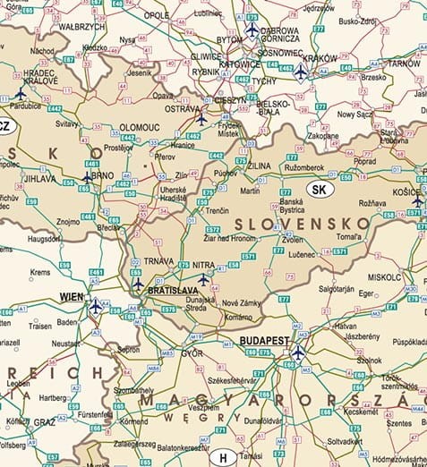 Europa 1:3 500 000. Mapa ścienna polityczno-drogowa z towarowymi korytarzami kolejowymi RFC. Fragment