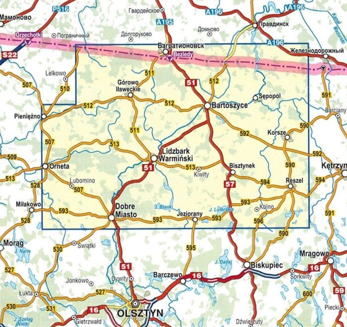 Środkowa Warmia. 1:75 000. Lidzbark Warmiński, Bartoszyce i okolice. Mapa turystyczna wydawnictwa Compass. Zasięg