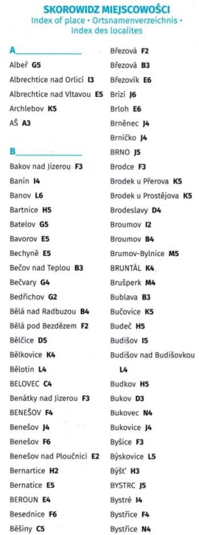 Czechy 1:440 000. Laminowana mapa samochodowa wydawnictwa Euro Pilot. Indeks miejscowości - fragment