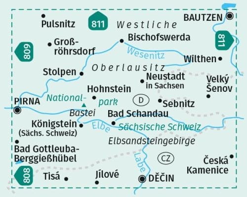 Saksońska Szwajcaria. Wodoodporna mapa turystyczna 810 wydawnictwa Kompass. Zasięg