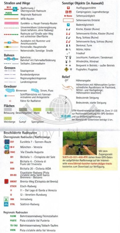 Południowy Tyrol, Trydent, Jezioro Garda 1:150 000. Wodoodporna mapa rowerowa. Legenda