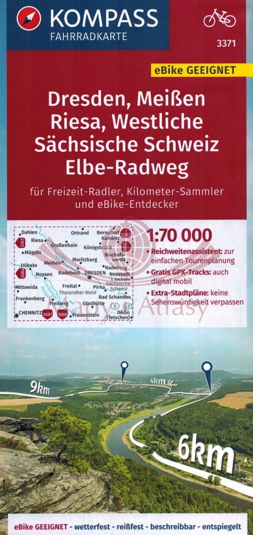 Drezno, Miśnia, Saksońska Szwajcaria cz. zachodnia. Wodoodporna mapa rowerowa 3371. Kompass