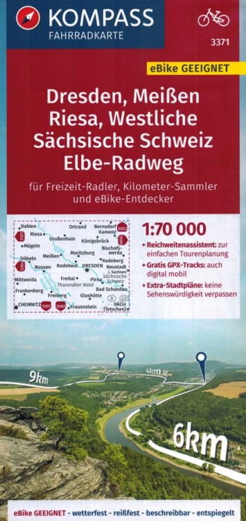 Drezno, Miśnia, Saksońska Szwajcaria cz. zachodnia. Wodoodporna mapa rowerowa 3371 wydawnictwa Kompass. Okładka