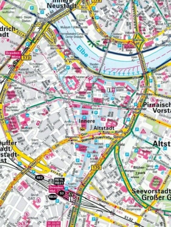 Drezno, Miśnia, Saksońska Szwajcaria cz. zachodnia. Wodoodporna mapa rowerowa 3371 wydawnictwa Kompass. Przykładowy plan miasta - fragment