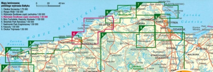 Wybrzeże Środkowe - część wschodnia 1:50 000. Mielno - Dąbki - Darłowo - Jarosławiec - Ustka. Laminowana mapa turystyczna wydawnictwa ExpressMap. Zasięg
