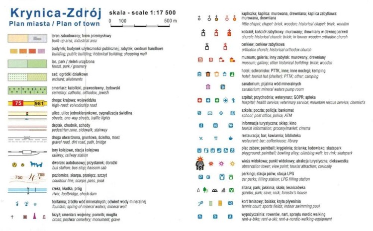 Krynica-Zdrój 1:17 500. Plan miasta / Mapa turystyczna wydawnictwa Compass. Legenda 1