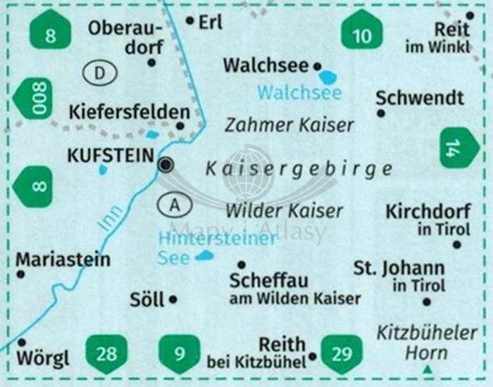 Kufstein, Walchsee, St. Johann in Tirol. Wodoodporna mapa turystyczna 09 wydawnictwa Kompass. Zasięg