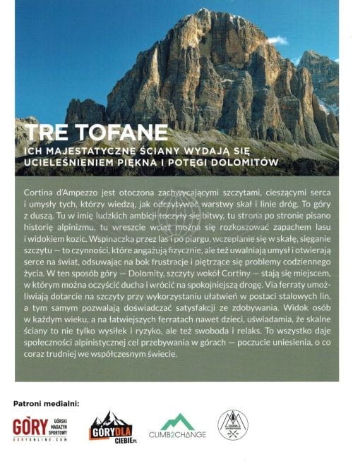 Najpiękniejsze Ferraty. Dolomity: Tofane, Fanis, Cristallo, Nuvolau, Pomagagnon, Sorapiss. Przewodnik wydawnictwa Bezdroża. Okładka tył