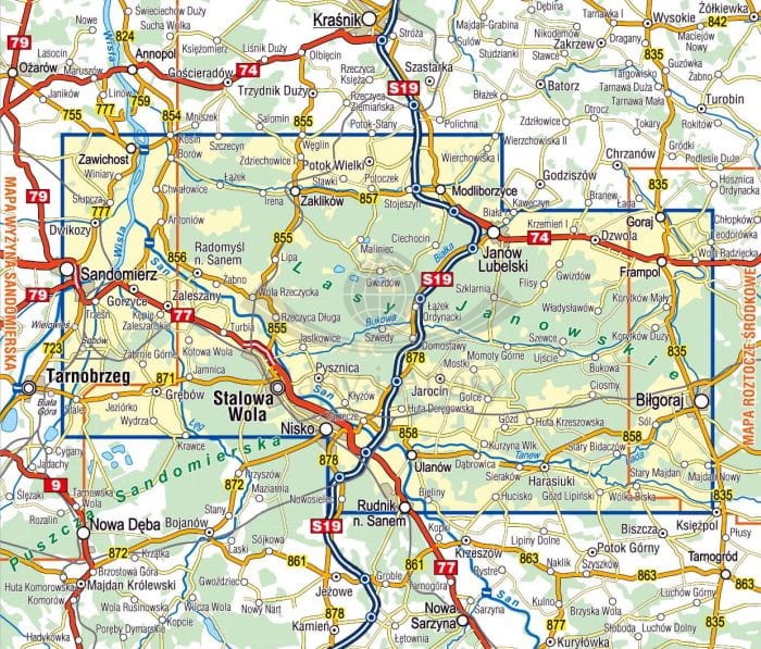 Lasy Janowskie 1:50 000. Mapa turystyczna wydawnictwa Compass. Zasięg