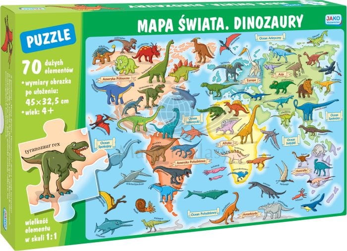 Mapa świata. Dinozaury. Puzzle. Jako
