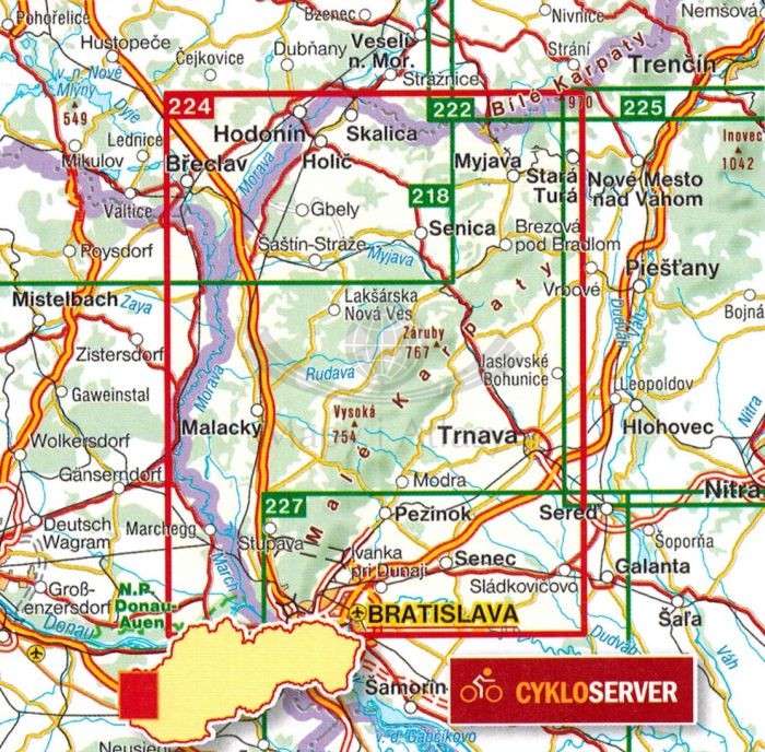 Małe Karpaty, Zagórze, Bratysława / Zahorie, Bratislava. Mapa turystyczna 224 wydawnictwa Shocart. Zasięg