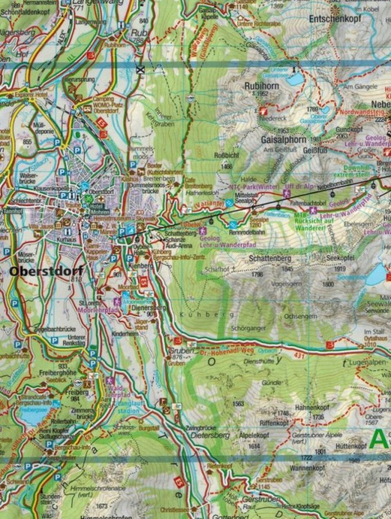 Alpy Algawskie / Allgauer Alpen, Kleinwalsertal. Wodoodprona mapa turystyczna 3 wydawnictwa Kompass. Fragment 2