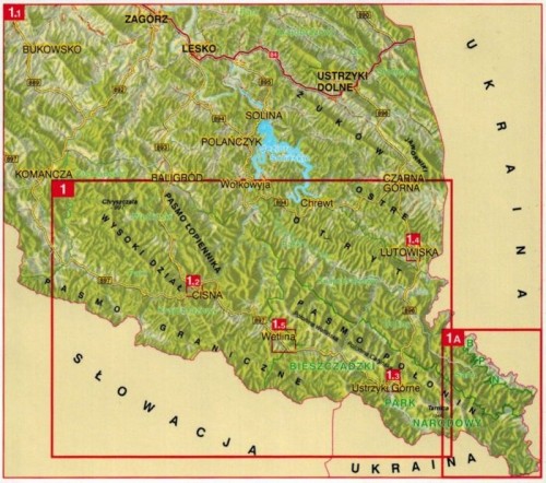 Bieszczady Wysokie 1:50 000. Laminowana mapa turystyczna wydawnictwa WiT. Zasięg