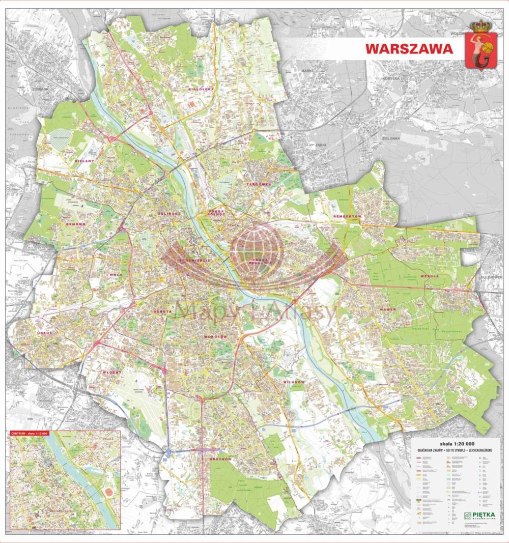 WARSZAWA CIENNY PLAN MIASTA MAPA DO POWIESZENIA