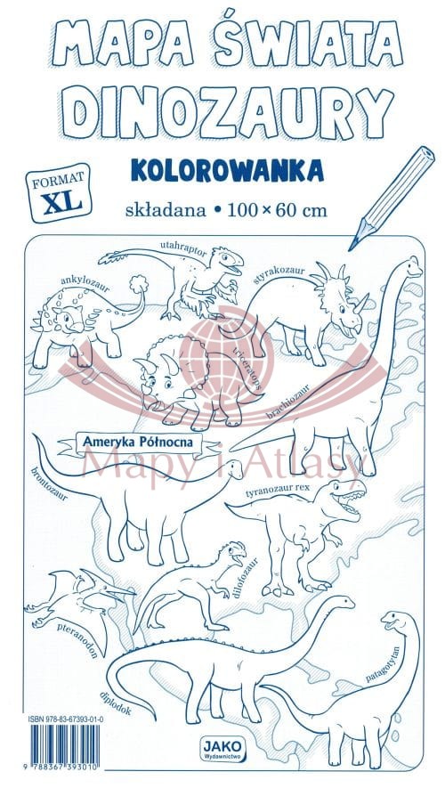 Mapa świata - dinozaury. Składana kolorowanka XL