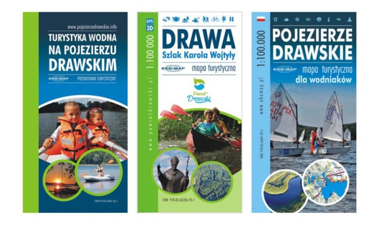 Pojezierze Drawskie + Drawa. Zestaw: 2 x mapa turystyczna + przewodnik wydawnictwa EKO-MAP. Okładki zestawu