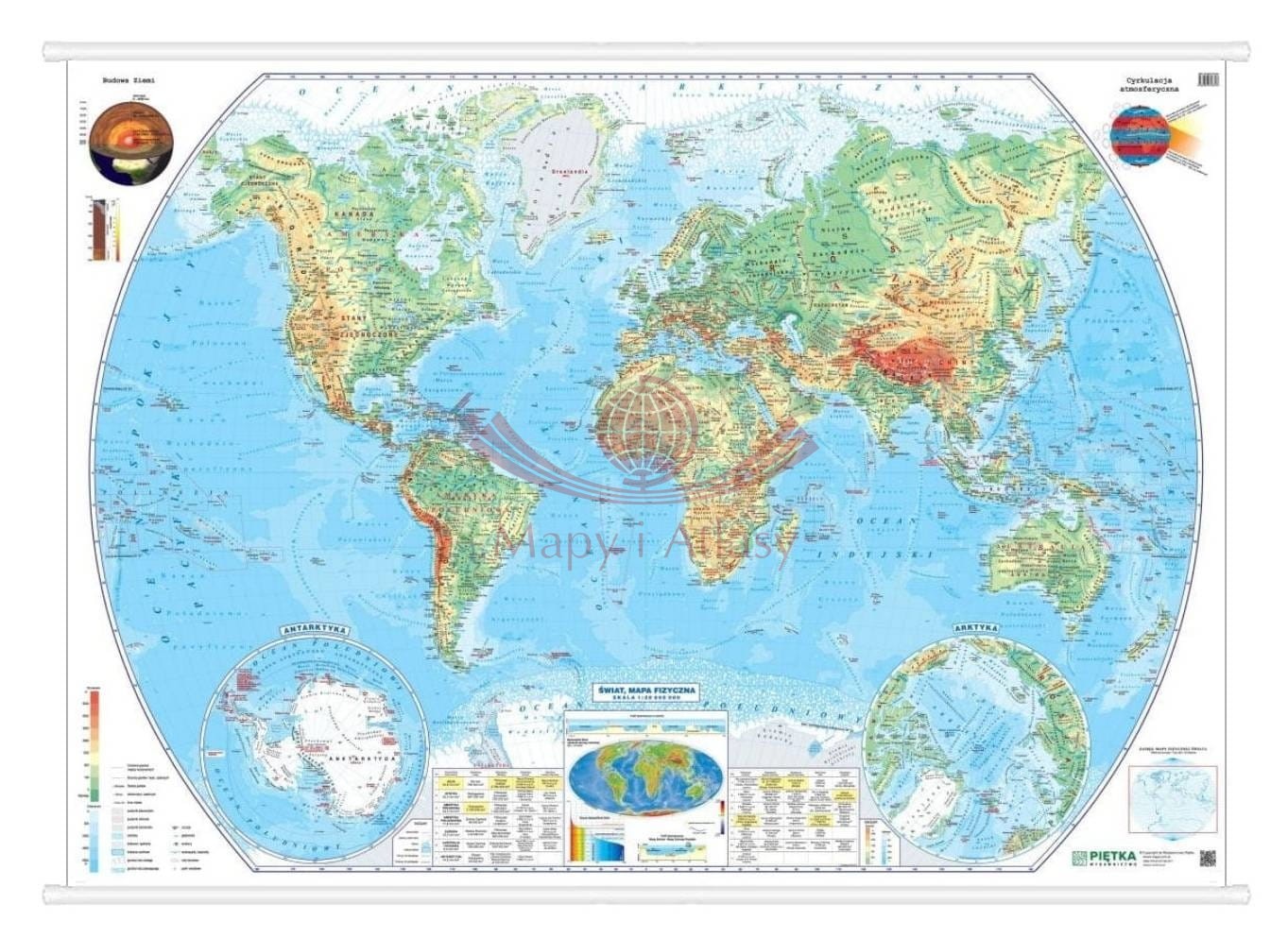 Świat 1:20 000 000. Mapa ścienna fizyczna. Wersja STRONG