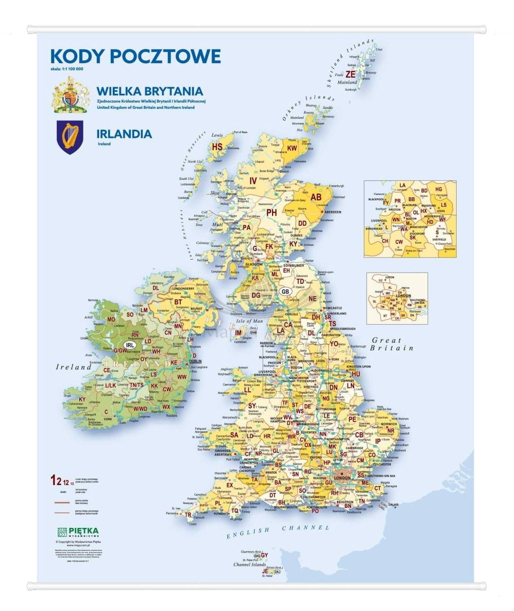 Wielka Brytania i Irlandia 1:1 000 000. Mapa ścienna. Kody pocztowe. Wersja STRONG