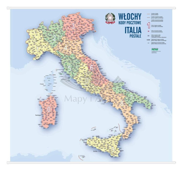 Włochy 1:1 500 000. Mapa ścienna z kodami pocztowymi. Całość