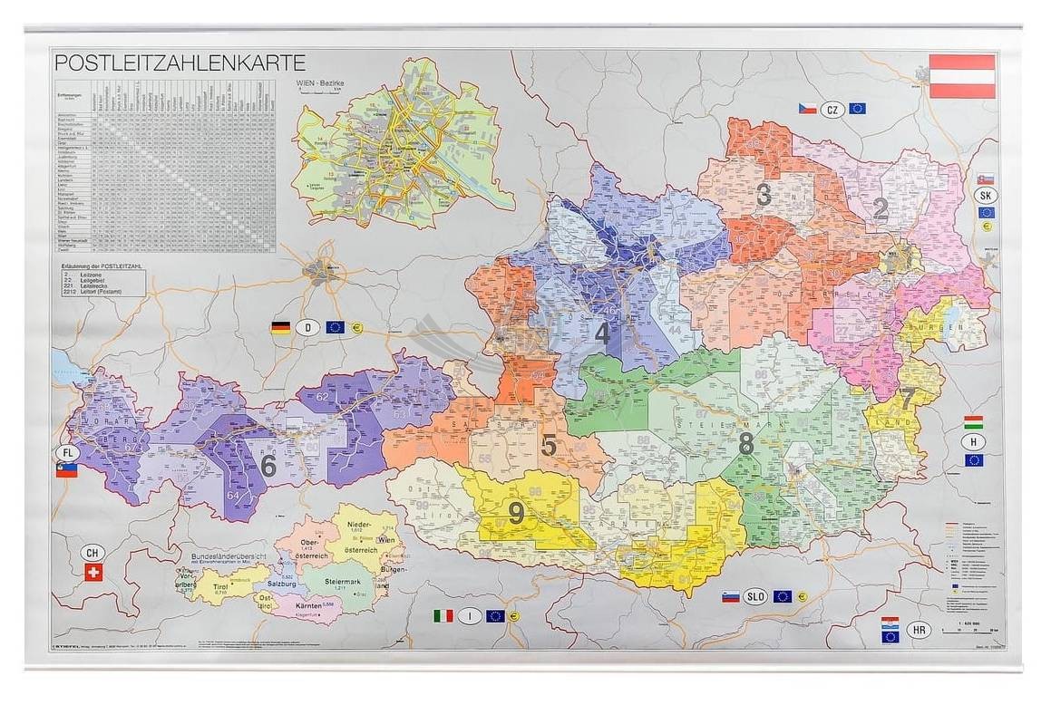 Austria 1:620 000. Mapa ścienna. Kody pocztowe