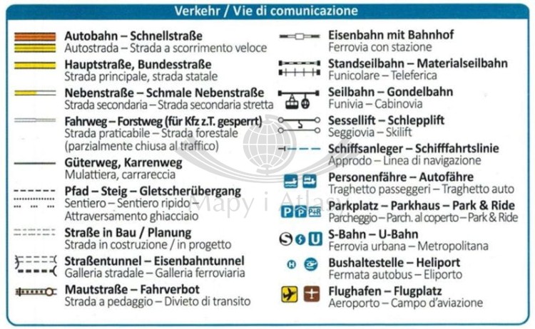 Południowy Tyrol. Górna Adyga. Zestaw czterech map rowerowych 3420 wydawnictwa Kompass. Legenda 1