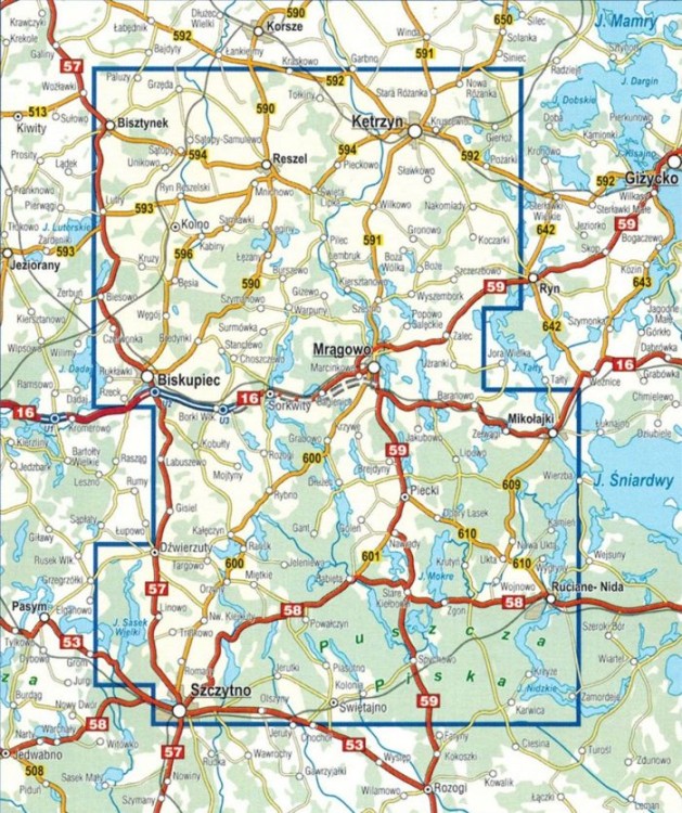 Mazury. Pojezierze Mrągowskie, Mazurski PK. Mapa turystyczna wydawnictwa Compass. Zasięg