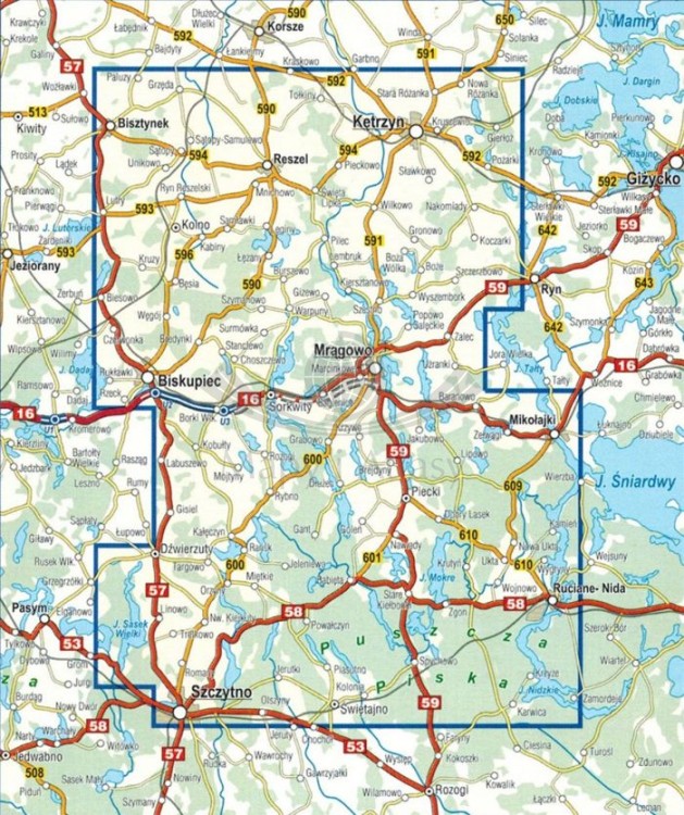 Mazury. Pojezierze Mrągowskie, Mazurski PK. Laminowana mapa turystyczna wydawnictwa Compass. Zasięg