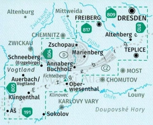 Rudawy / Erzgebirge 1:50 00. Zestaw dwóch map turystycznych 866 wydawnictwa ompass. Zasięg zestawu