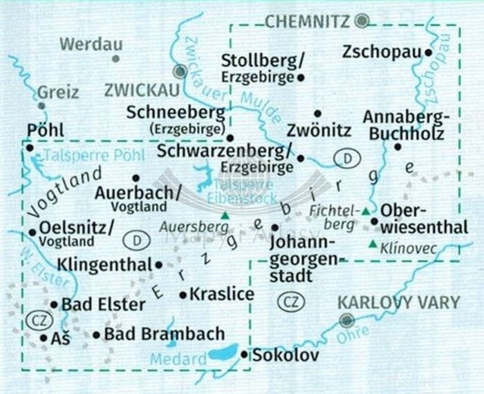 Rudawy / Erzgebirge 1:50 00. Zestaw dwóch map turystycznych 866 wydawnictwa ompass. Mapa 1 - zasięg